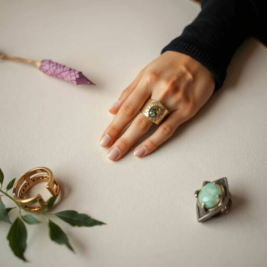 Bold statement rings styled on a hand against a neutral background with soft studio lighting