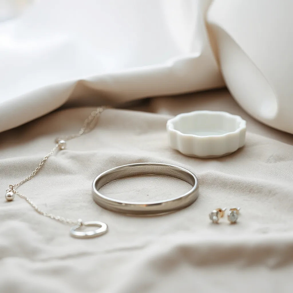 Polished silver necklace, bracelet, and earrings arranged on neutral fabric under soft daylight