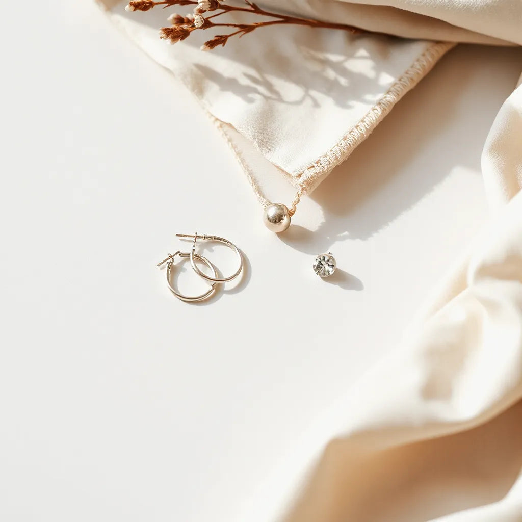 Pair of minimalist silver earrings on a neutral background with soft daylight and fabric styling