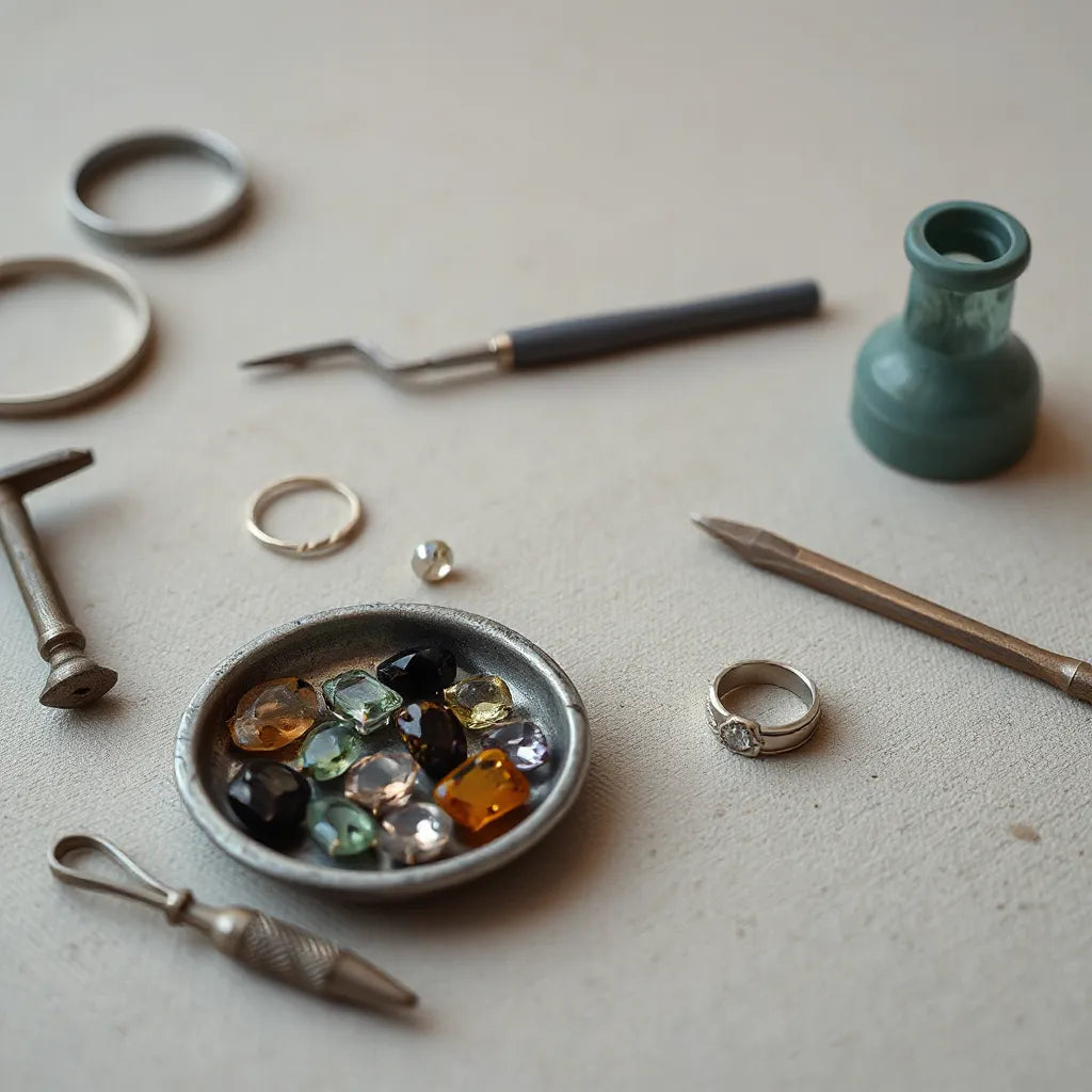 Jeweler’s workbench with gemstones and a partially crafted pendant and ring in soft studio light