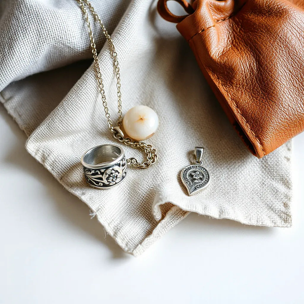 Vintage silver ring and necklace with ornate filigree resting on neutral fabric