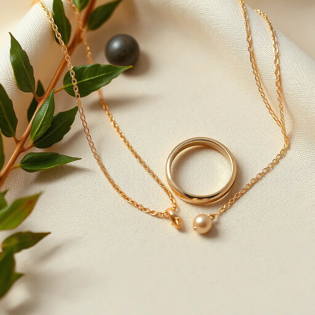 Gold-tone necklace chain, bracelet, and pendant arranged on soft neutral fabric with natural light