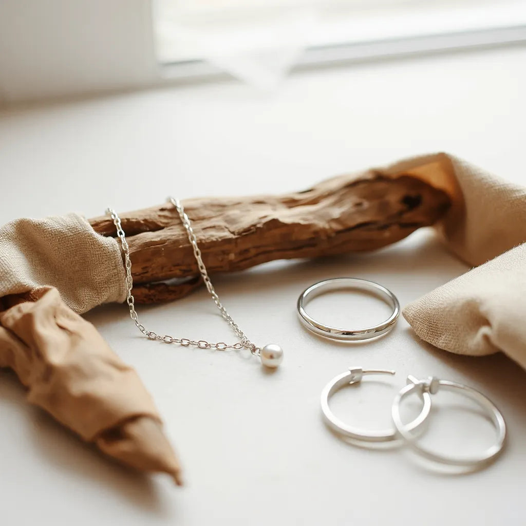 A minimal arrangement of solid silver necklace, ring, bracelet, and earrings with soft natural light
