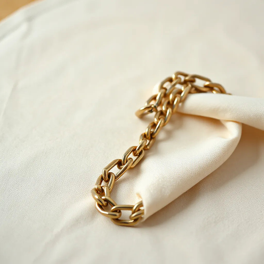 Miami Cuban chain necklace with detailed links and reflective shine on light fabric