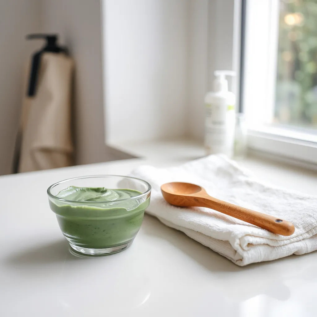 Green detox facial mask in a glass bowl with a wooden spatula and soft towel on a light countertop