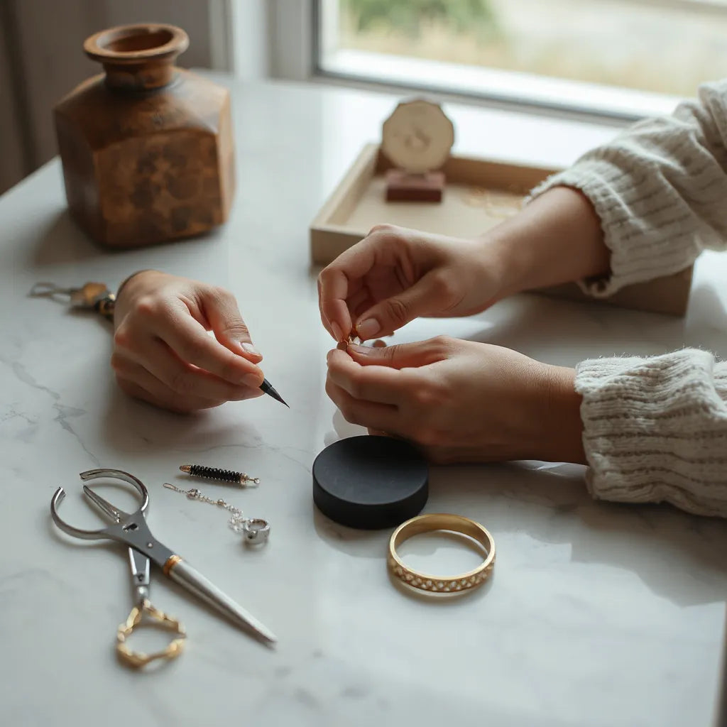 Hands crafting a delicate gold bracelet on a clean workspace with jewelry tools