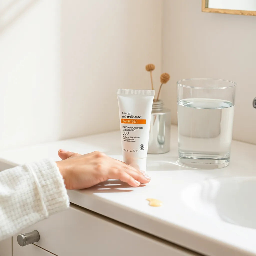 Mineral sunscreen tube and lotion on a fingertip with natural light on a clean vanity