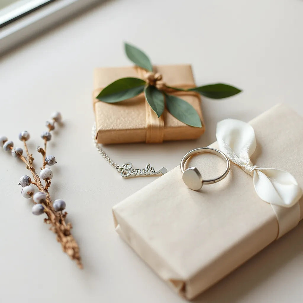 Sterling silver necklace, bracelet, and ring with engraved details laid out beside a simple gift ribbon