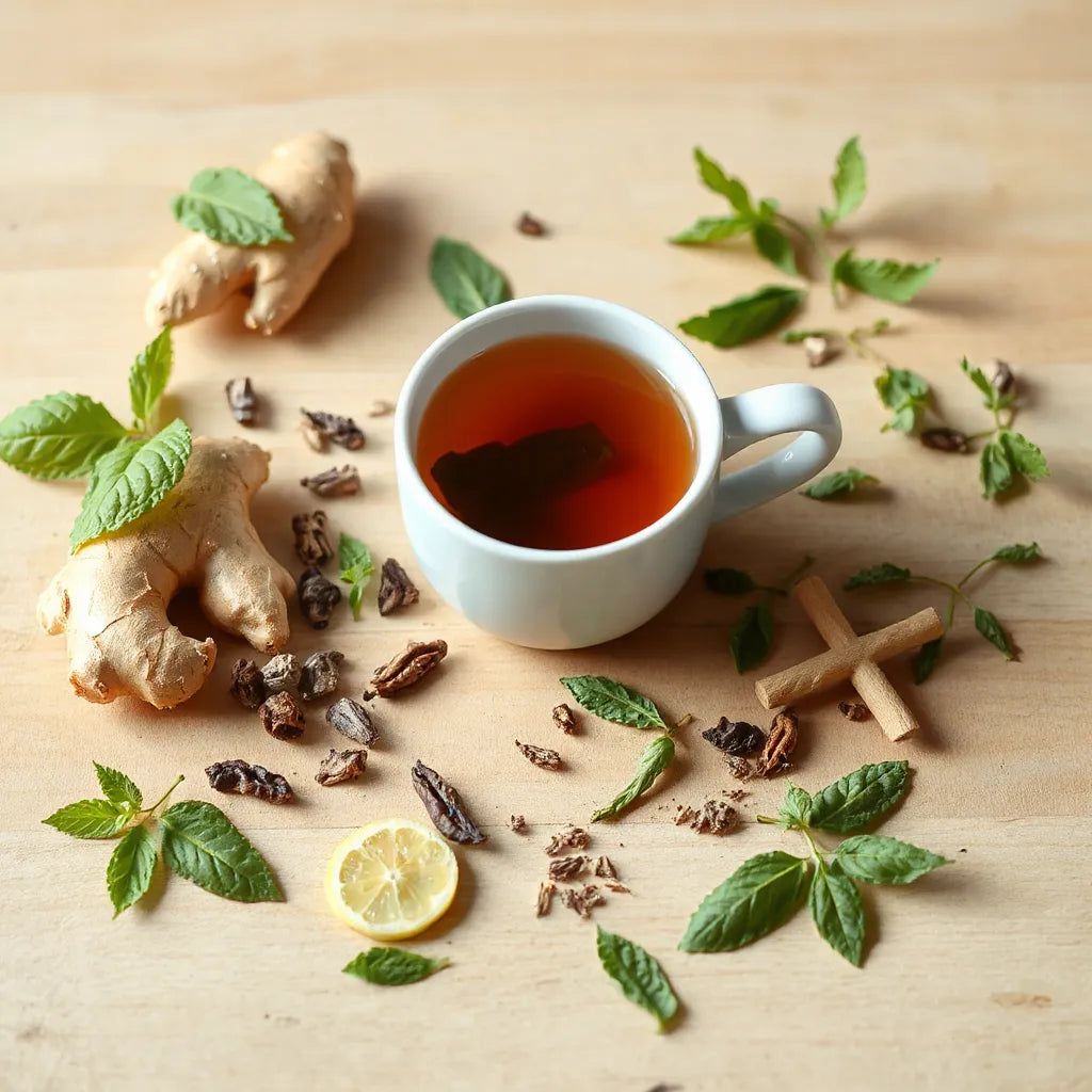 Cup of herbal tea with fresh ginger and mint on a light wooden table