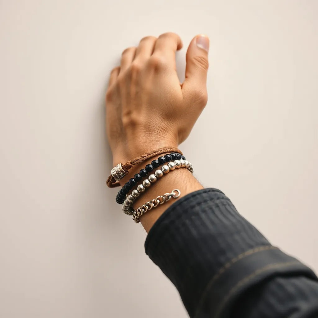 Layered men’s bracelets on a wrist, showing leather, beads, and a metal chain in soft studio light