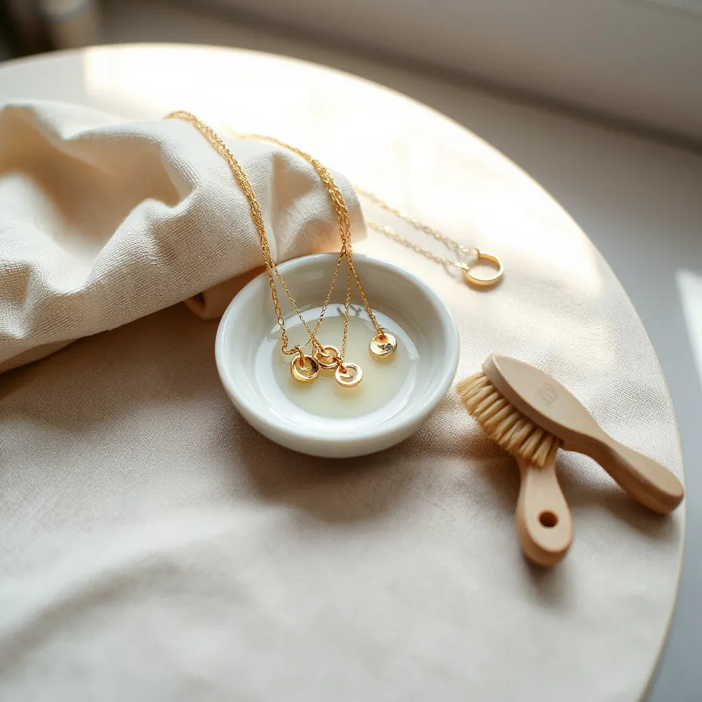 Handmade gold and silver jewelry with a soft cloth, gentle cleaner, and brush on a light linen background