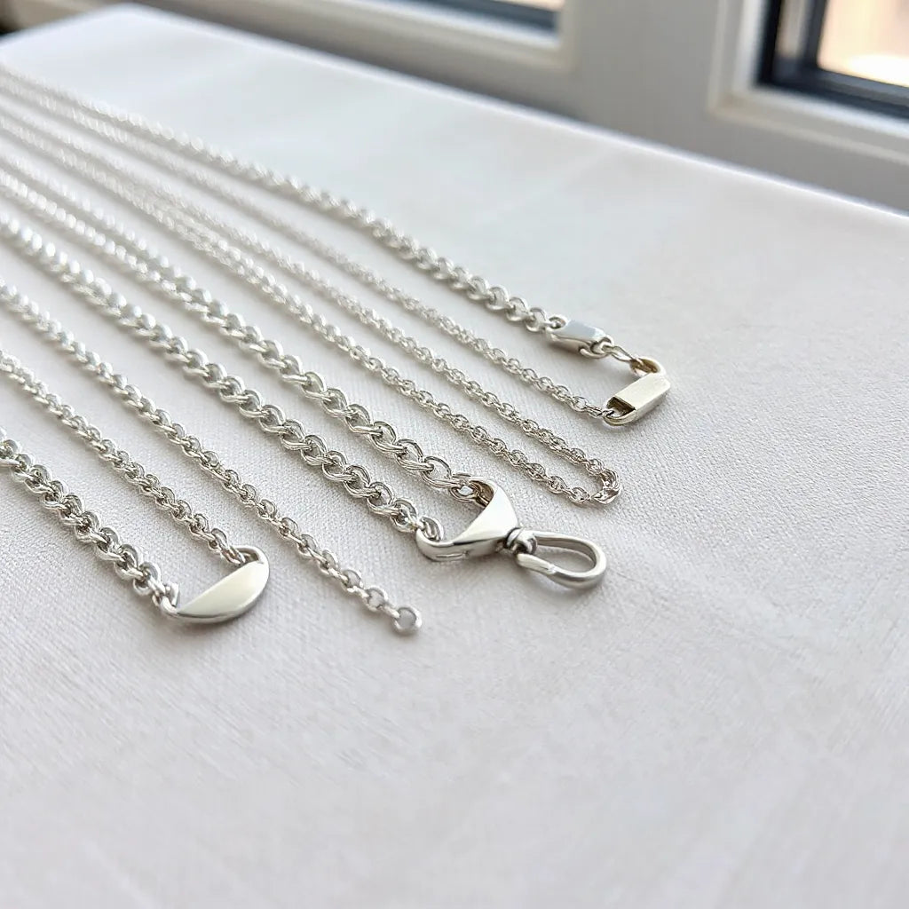 Assorted 925 sterling silver chain styles with a clasp detail on a light fabric background