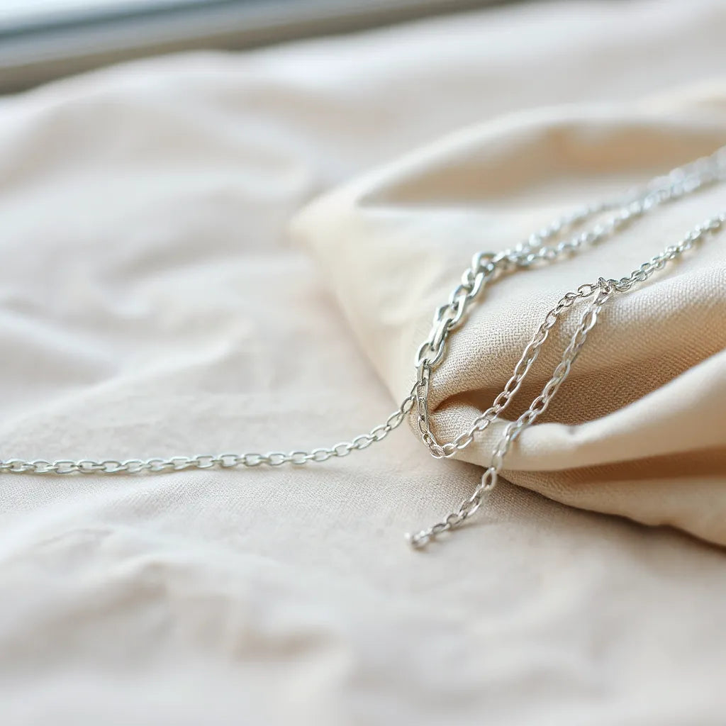 Lightweight silver chains arranged on neutral fabric under soft natural light