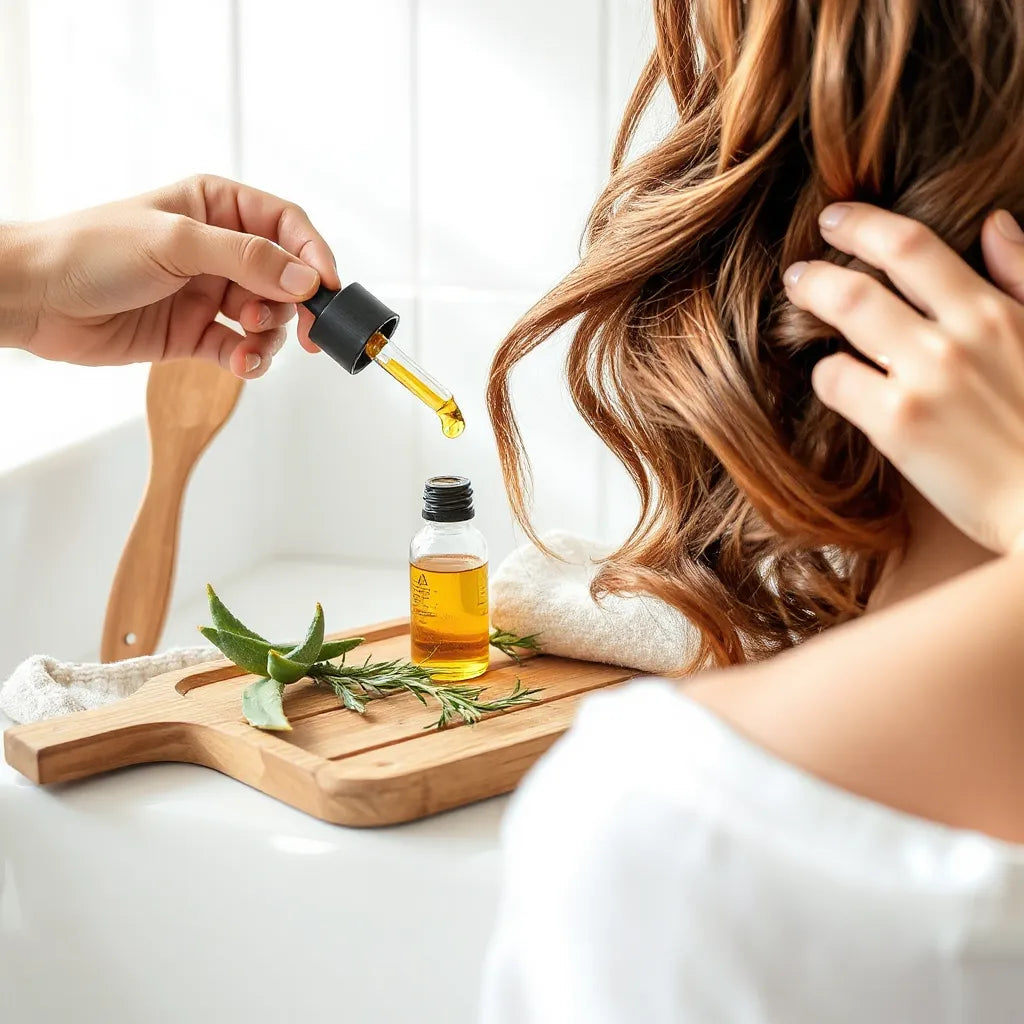 Person applying natural oil to textured hair with botanical ingredients on a clean tray
