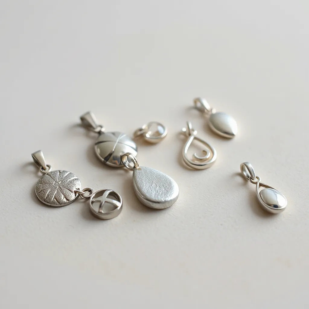 Assorted polished silver pendants with detailed settings displayed on a neutral background