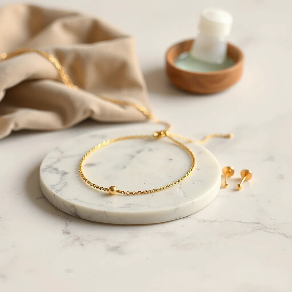 Gold-toned vermeil necklace, bracelet, and earrings arranged on a clean marble surface with soft studio lighting.