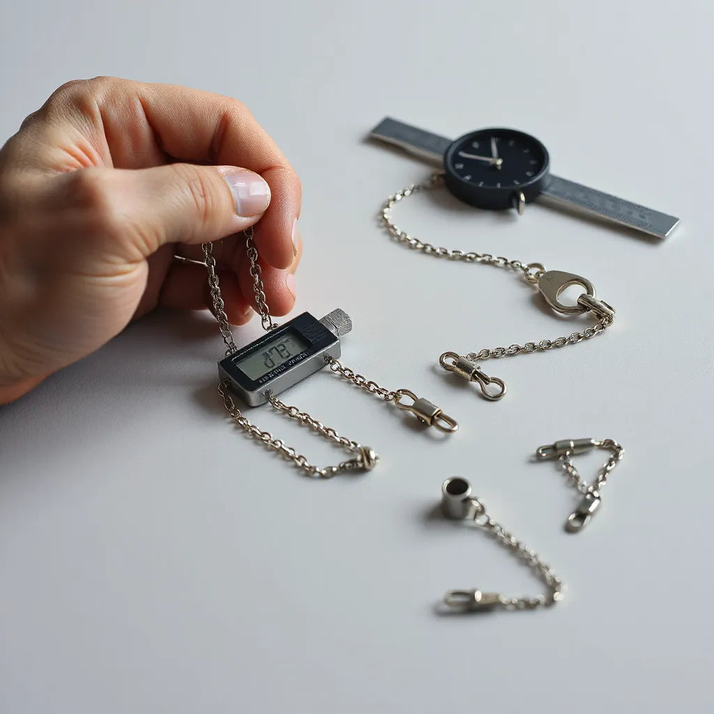 Silver chain links being measured by a jeweler’s hands in a clean studio setup
