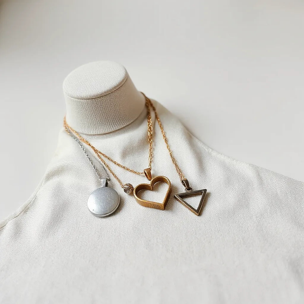 Assorted fashionable pendants and layered chains displayed on neutral fabric