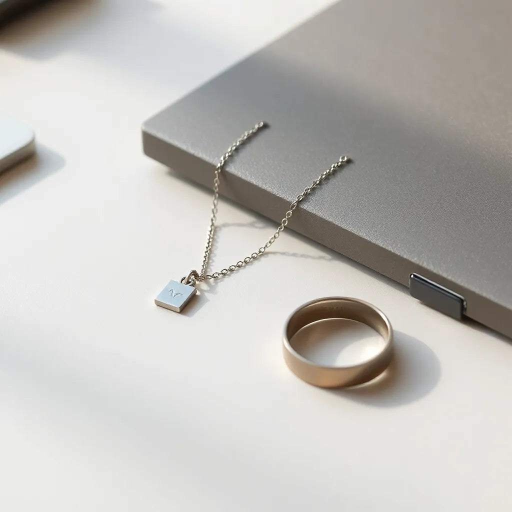 Mens necklace, bracelet, and ring arranged on a neutral desk in soft daylight