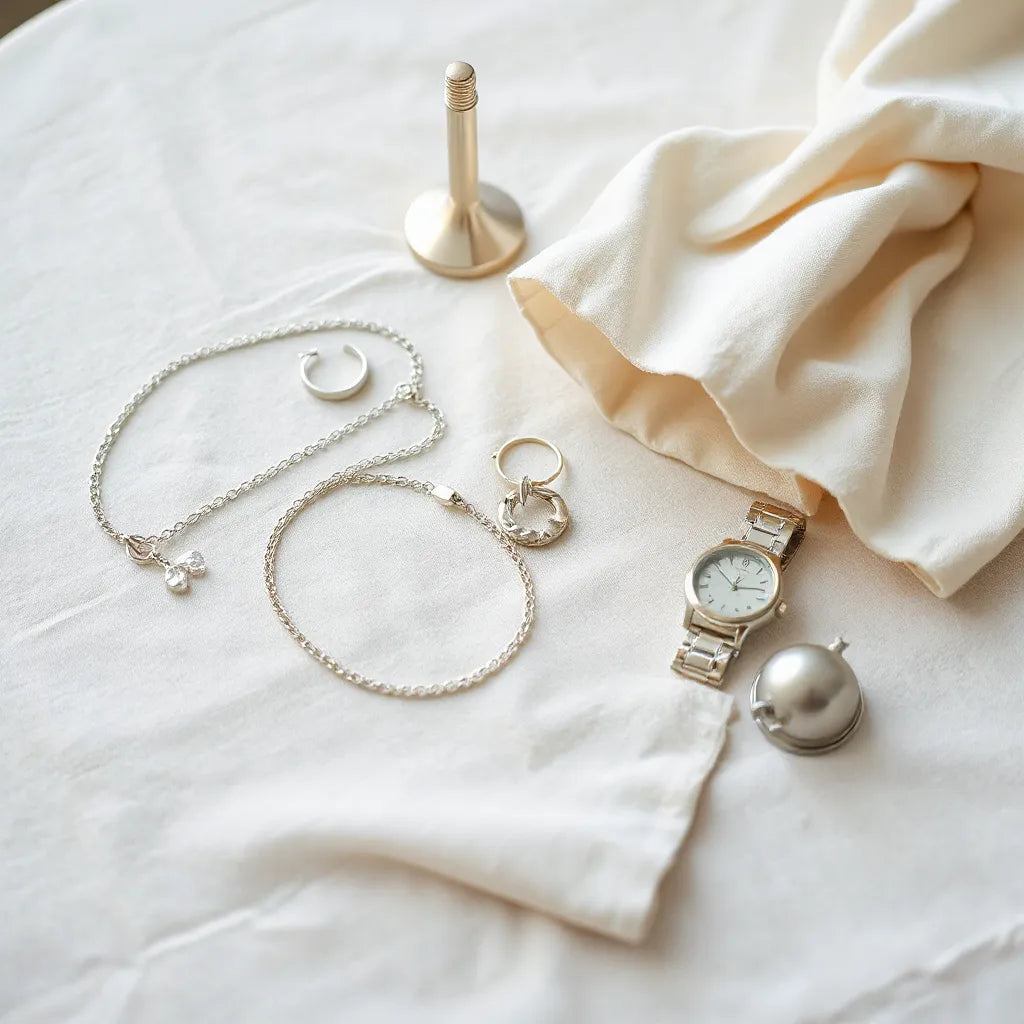 Silver bracelet, necklace, earrings, and ring styled on soft linen with natural daylight