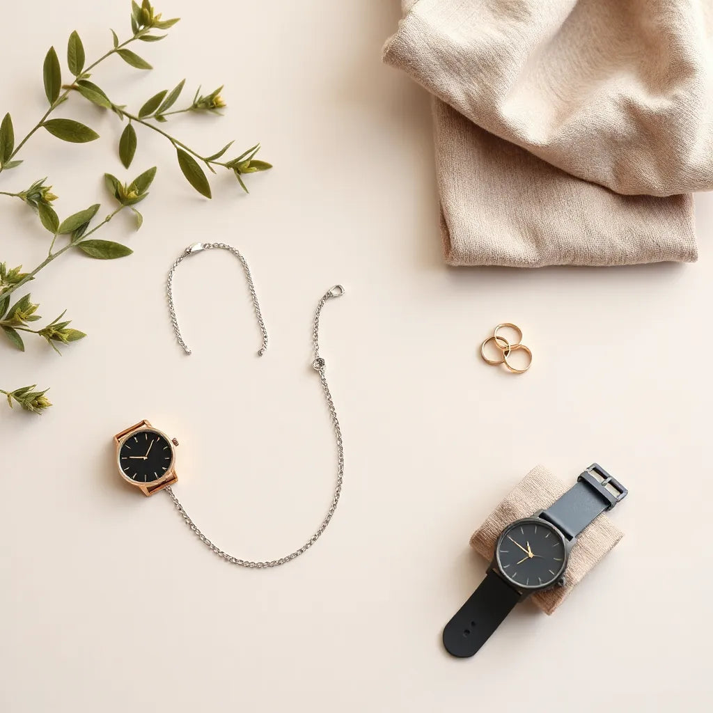 Minimalist unisex necklace, bracelet, and rings styled on a clean neutral background with soft natural light.