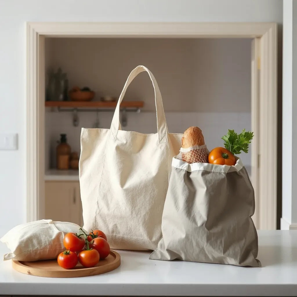 Reusable tote bags and foldable shopping bags on a kitchen counter with a few fresh groceries