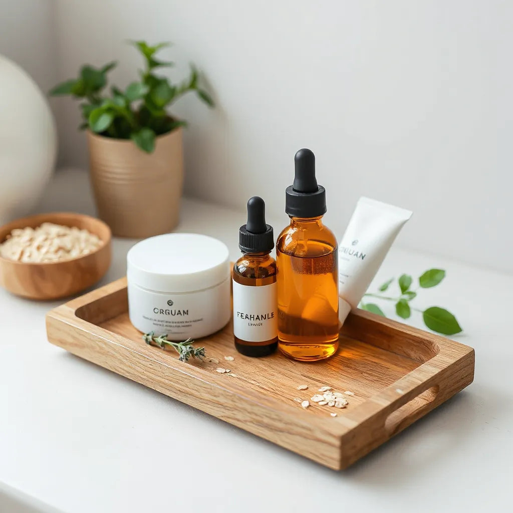 Organic skincare products on a wooden tray with herbs and oats in soft natural light