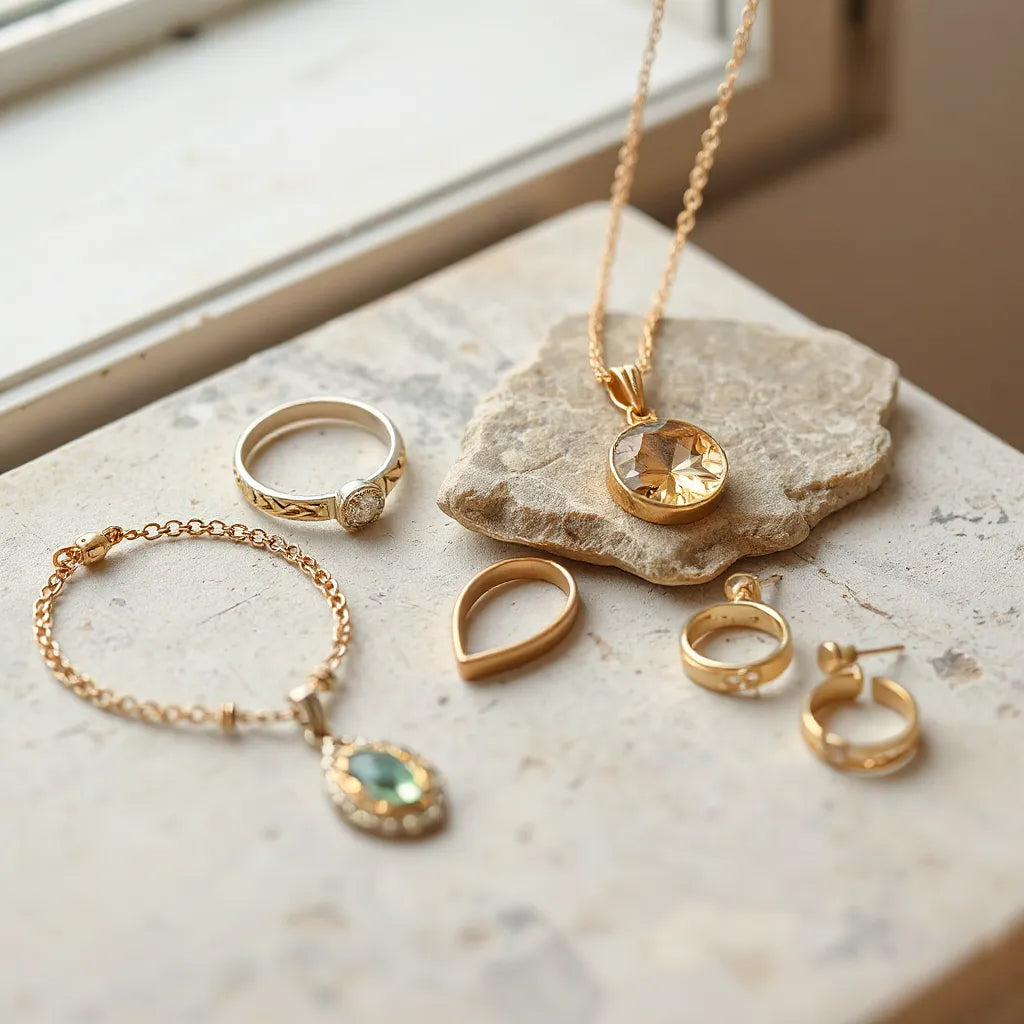 Gold-toned Italian jewelry set with necklace pendant, ring, bracelet, and earrings on a light stone surface