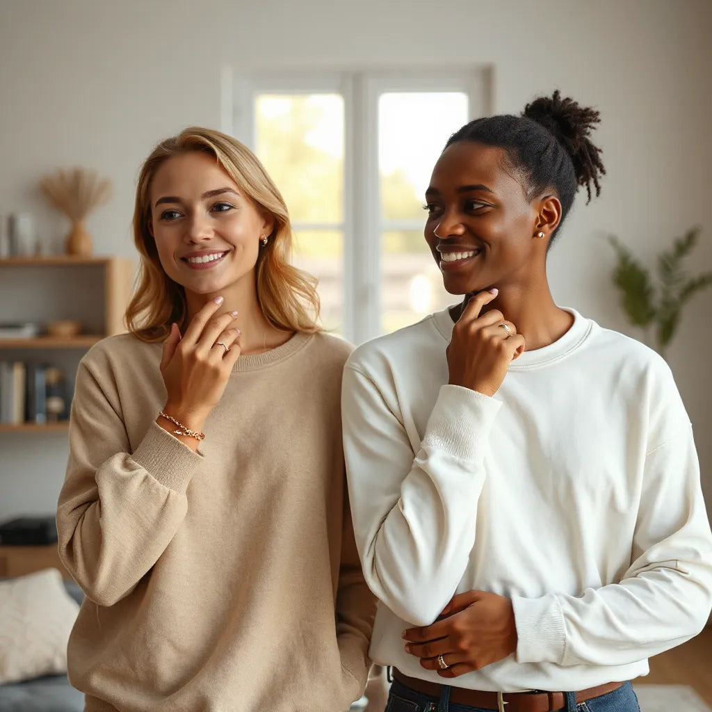 Hands of a couple wearing understated rings and bracelets in soft natural light