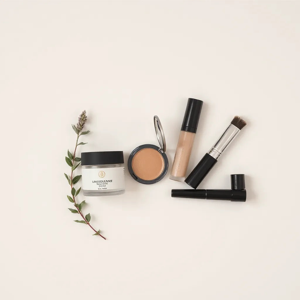 Skincare jar, makeup compact, lipstick, and brush arranged with plant leaves on a light background