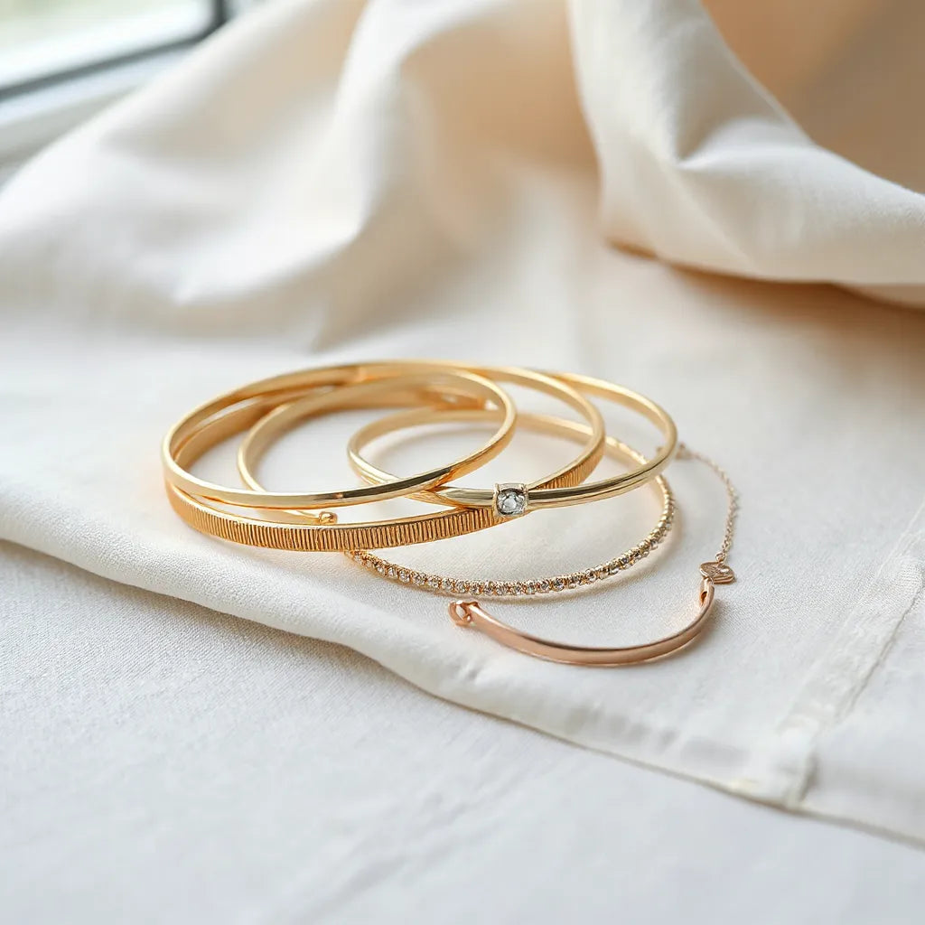 A set of stylish bracelets in gold-tone and silver-tone finishes with small gemstone accents on neutral fabric