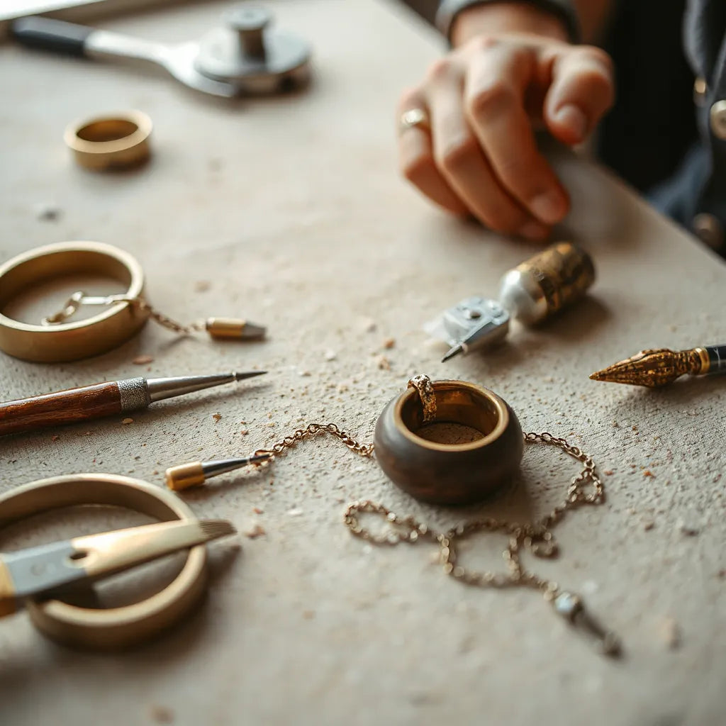 Jeweler crafting a fine ring and chain on a clean workbench in warm workshop light