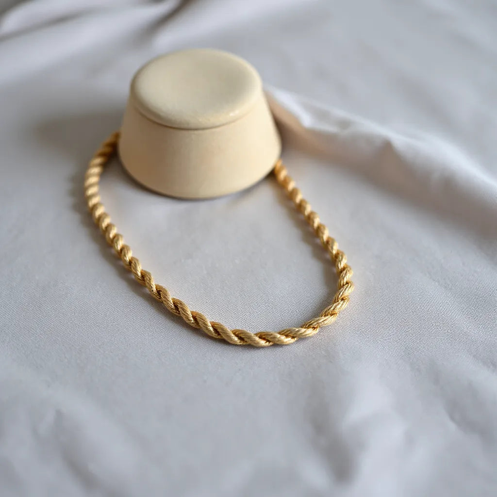 Designer inspired rope chain necklace with detailed rope links on a minimal fabric background