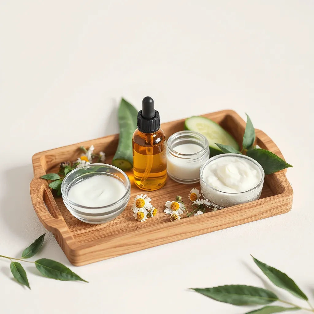 Assorted natural skincare ingredients with facial oil and cream on a wooden tray