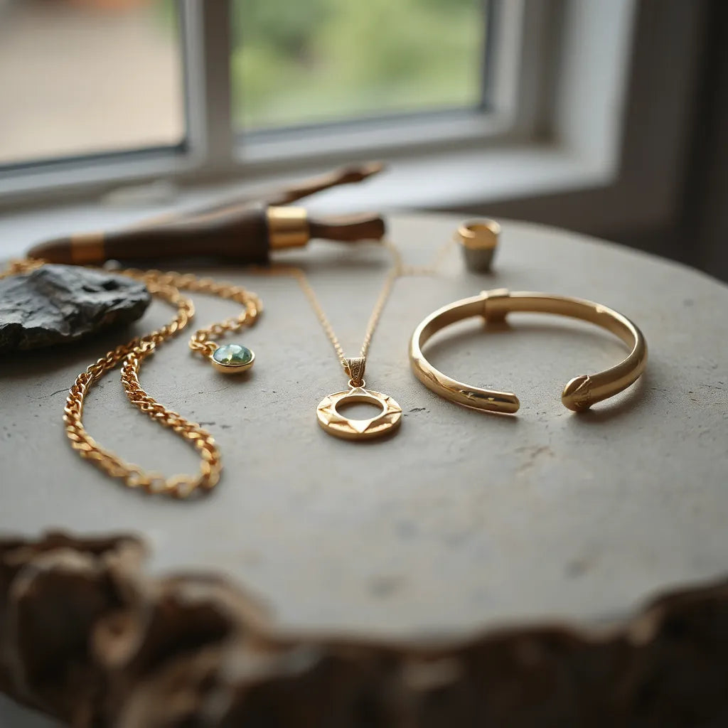 Gold-toned chain, pendant, and bracelet displaying polished metal craftsmanship on a neutral stone surface