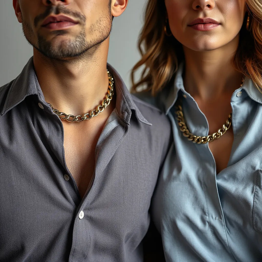 Thick polished Cuban link chain worn over simple shirts with visible shine and texture
