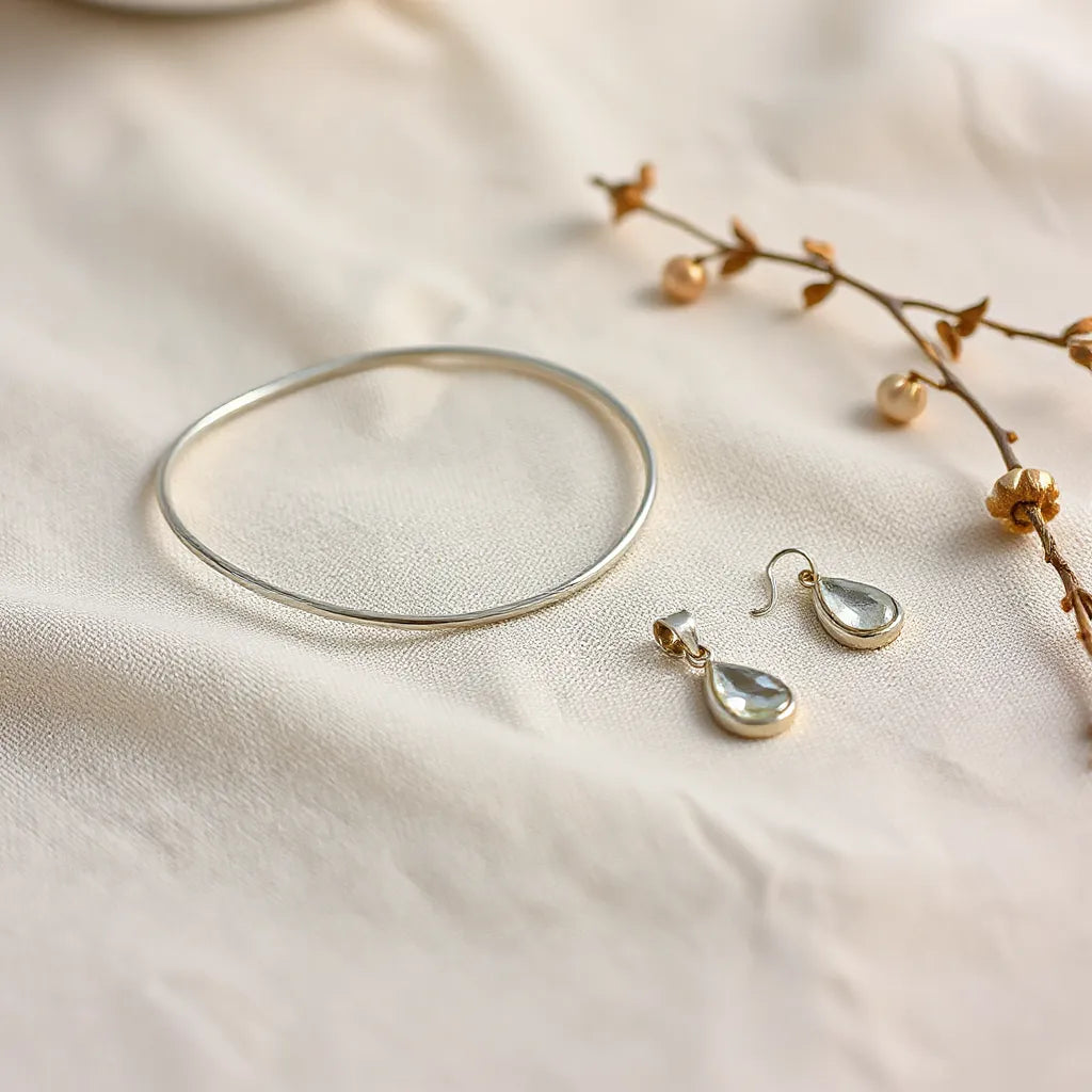 Delicate handmade silver bracelet, pendant necklace, and earrings arranged on neutral linen
