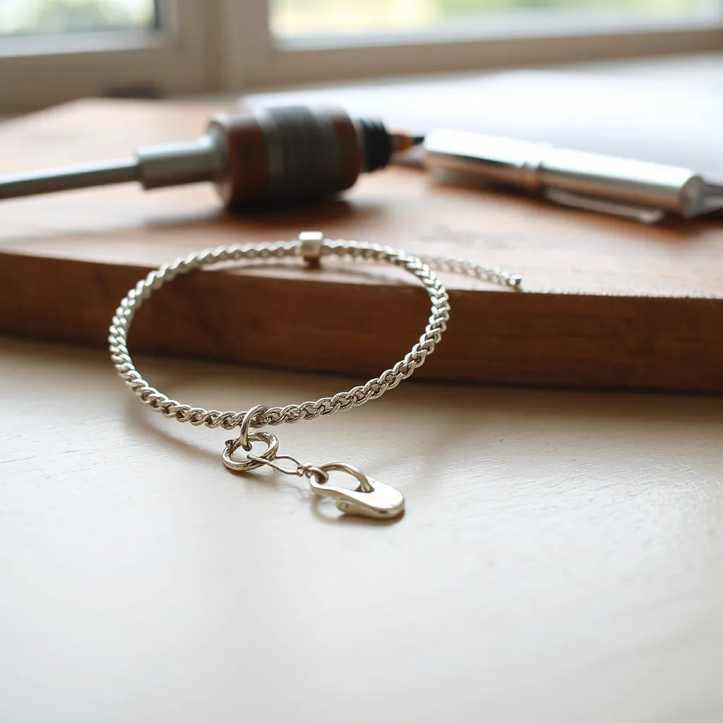 Silver men’s bracelets arranged on a wooden surface under soft natural light