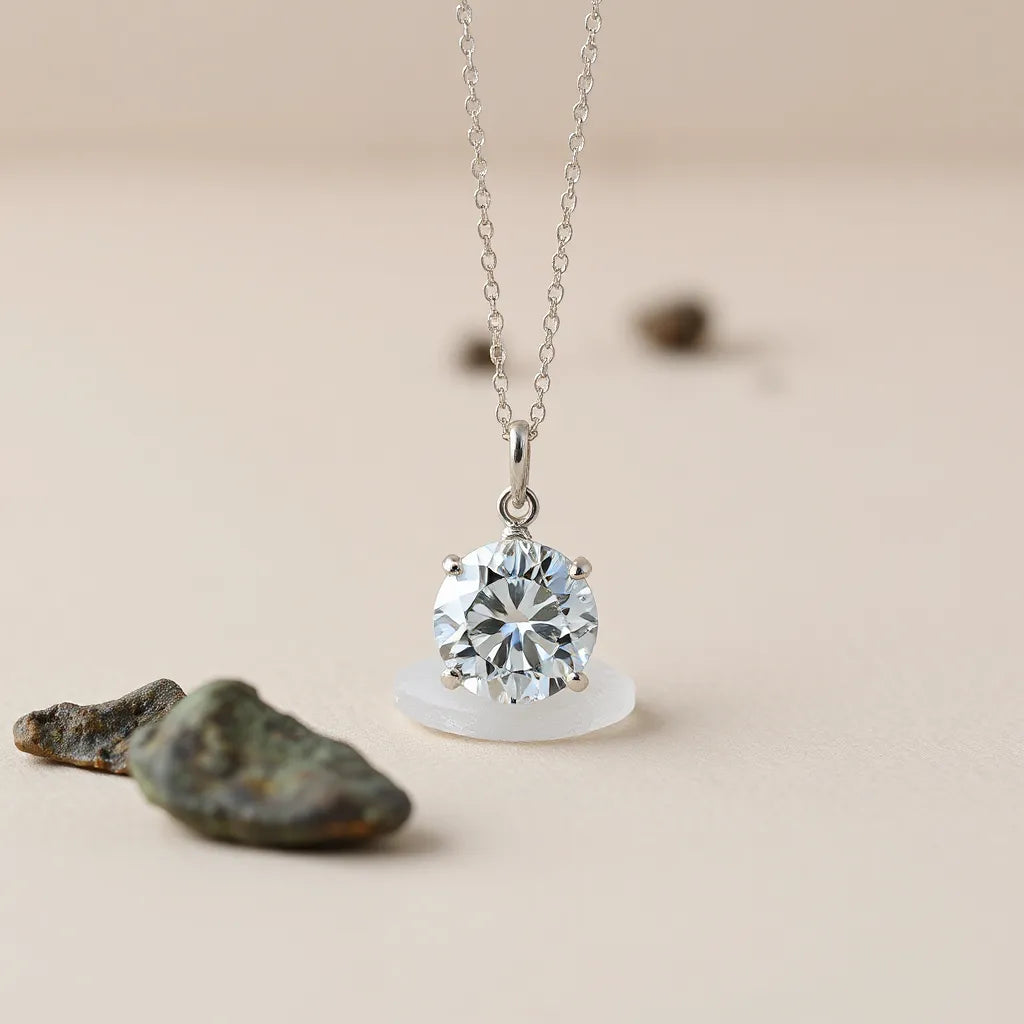 Sparkling moissanite pendant with delicate chain resting on a neutral background under soft lighting