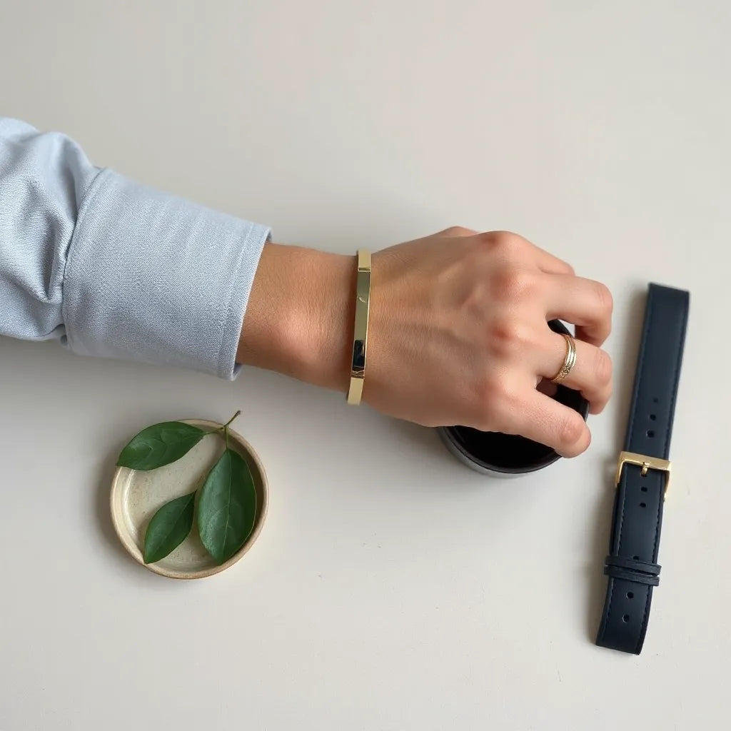 Man’s hands and wrist wearing minimalist bracelet, chain necklace, and a ring on a neutral background