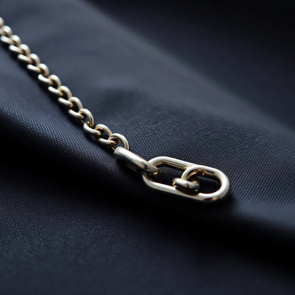 Detailed franco chain necklace with reflective links on a dark neutral fabric background
