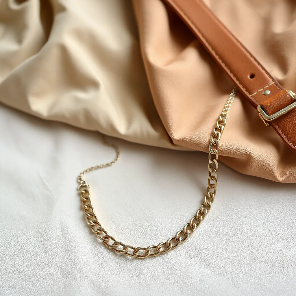 Fashion chain necklace with a detailed link pattern displayed on light fabric with minimal accessories nearby