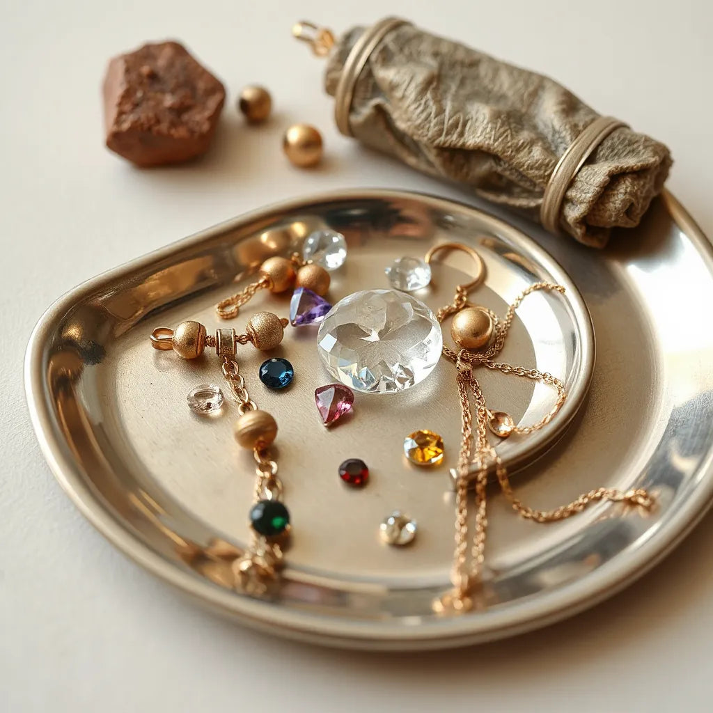 Assorted premium metal and gemstone jewelry components arranged on a clean neutral surface