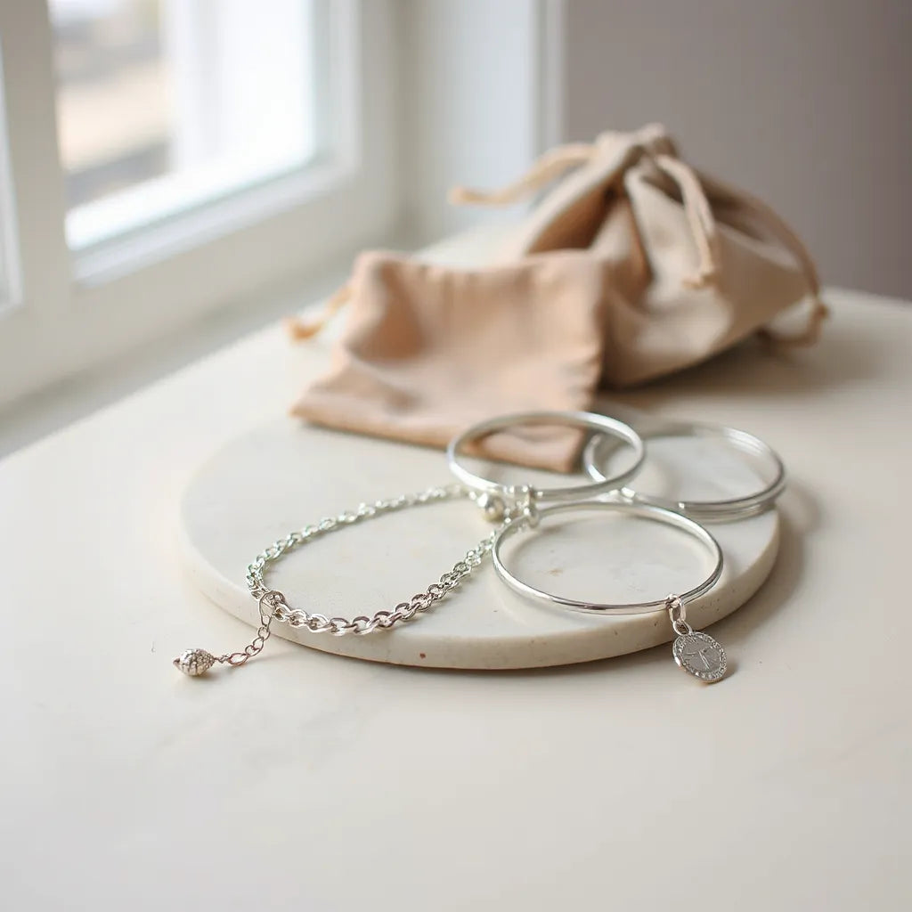 Multiple Italian silver bracelets with chain and charm designs on a light stone surface
