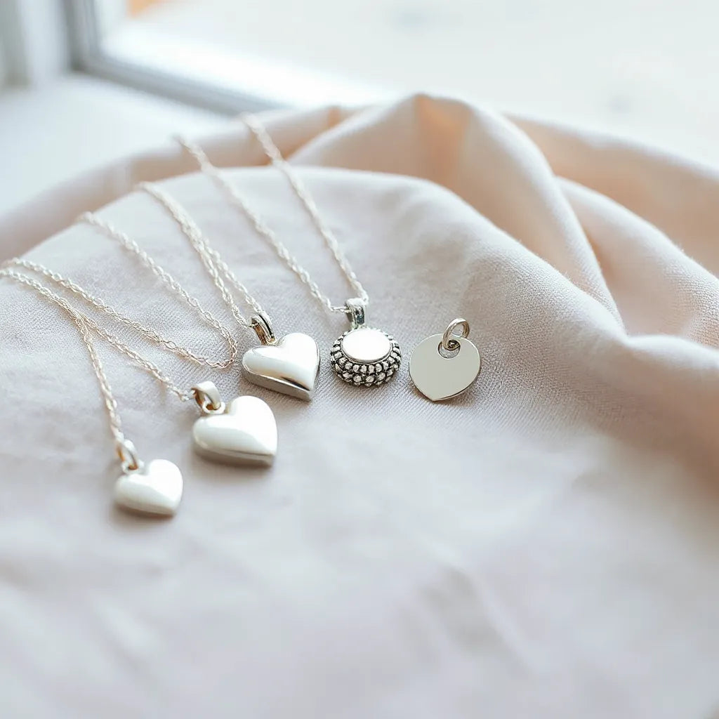 Assorted Italian silver pendants with polished shine arranged on neutral fabric