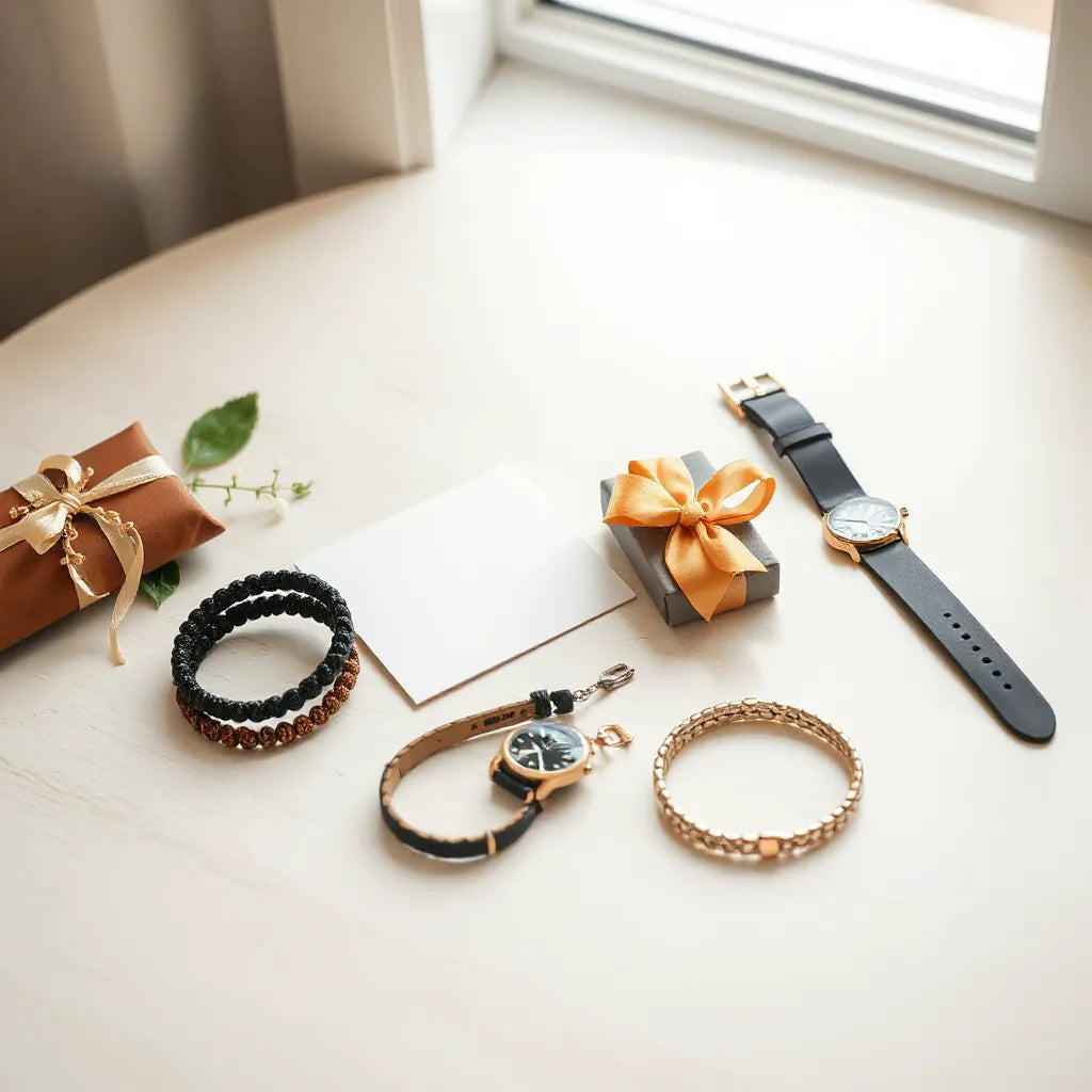 Assorted stylish bracelets and a watch band arranged with a ribbon gift box on a clean tabletop