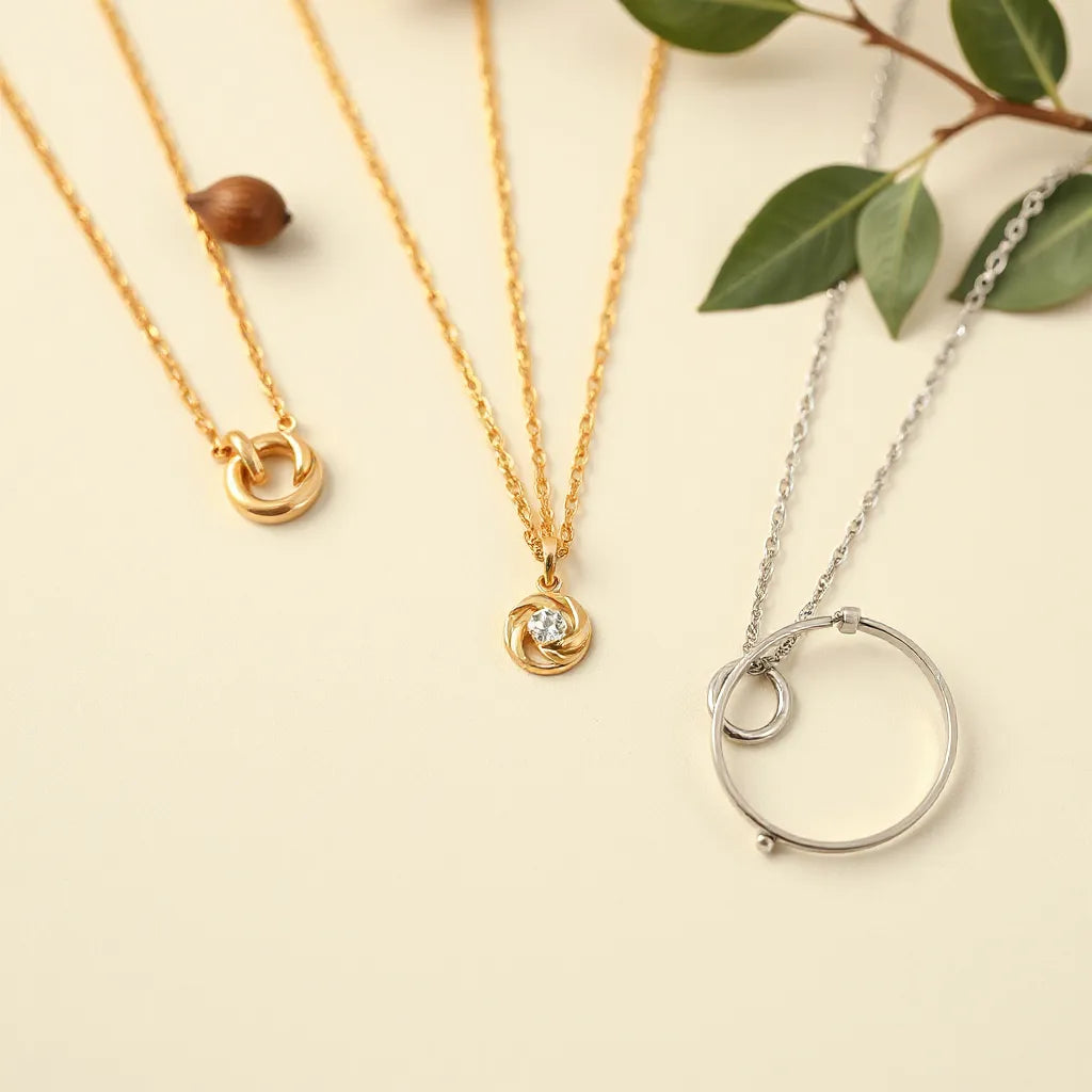 Italian-inspired gold and silver necklaces and a bracelet arranged on a neutral background in soft light