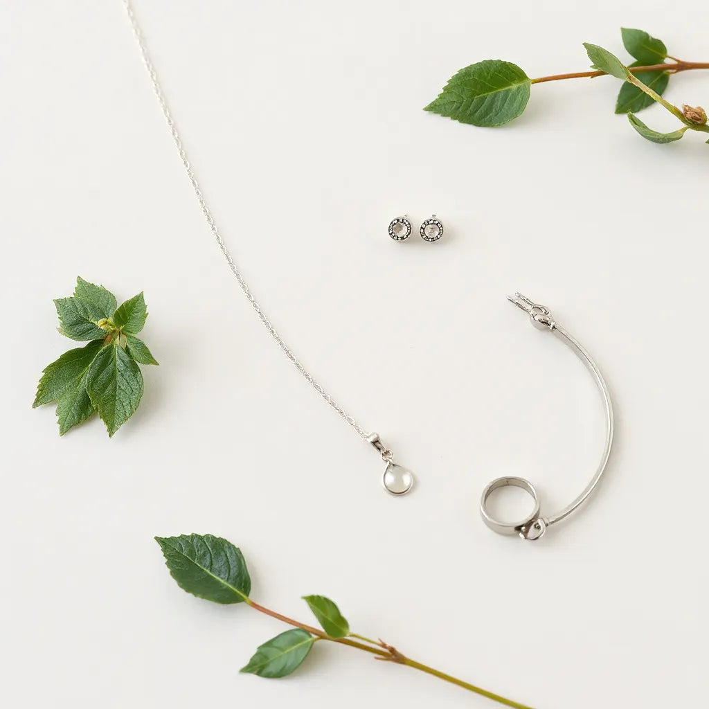 Sterling silver necklace, stud earrings, bracelet, and ring arranged on a light neutral background