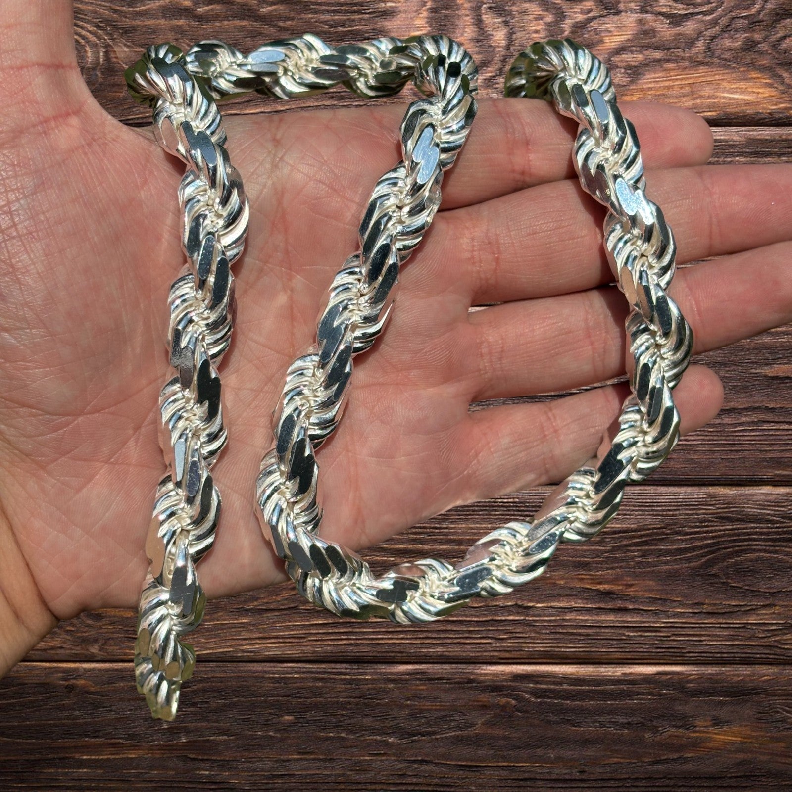 Collar de cadena de cuerda con corte de diamante de 12,5 mm de plata de ley 925