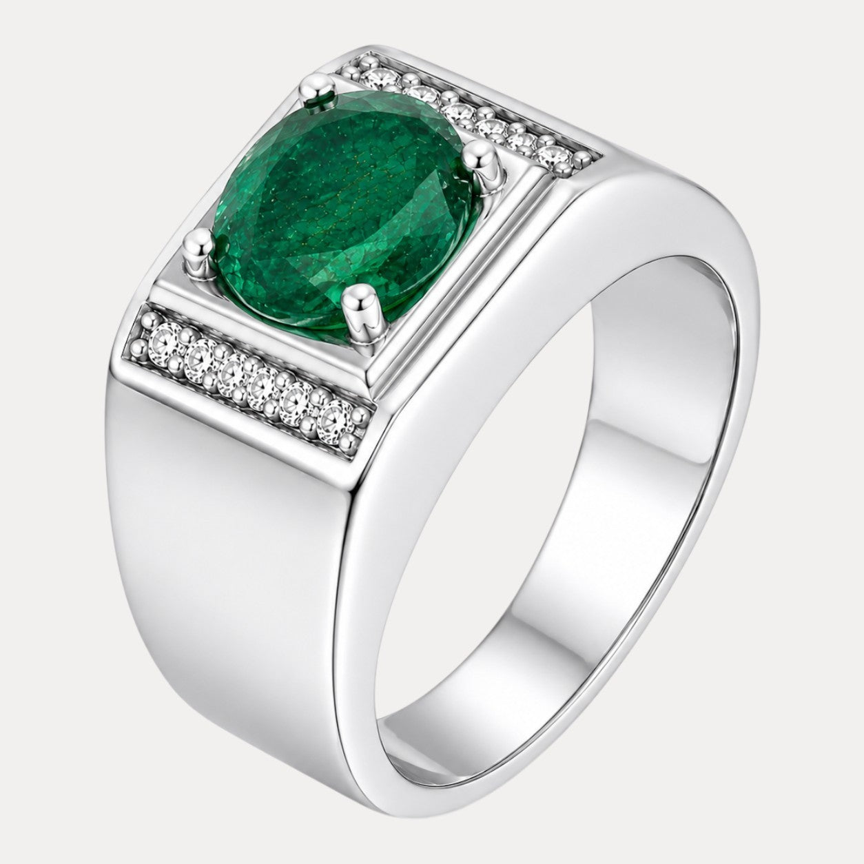 925 Sterling Silver Round Green Emerald Stone Ring With Moissanite